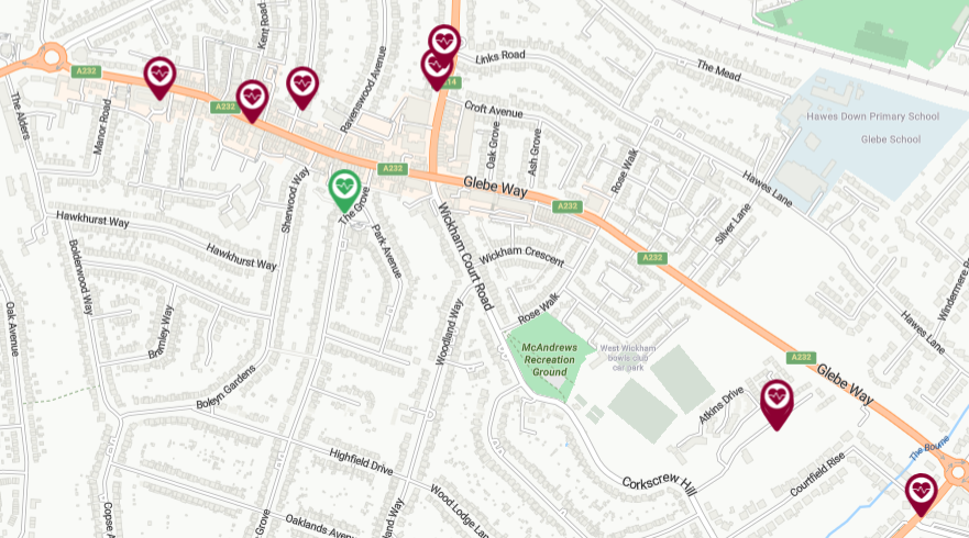 A map of West Wickham Defibrillator locations