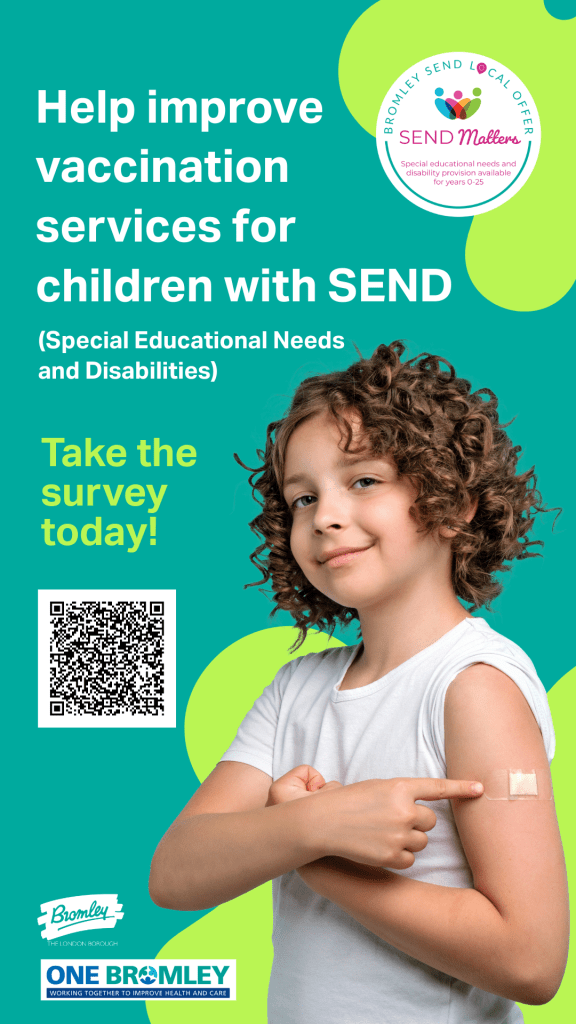 Poster showing QR Code for vaccinations services for children with SEND 
